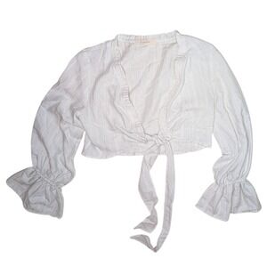 Fanco White Tie Front Top Blouse Linen Blend Striped Long Sleeve Size‎ Small